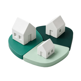 Ceramic illustration of three white houses on connected green tiles, a portfolio held together.