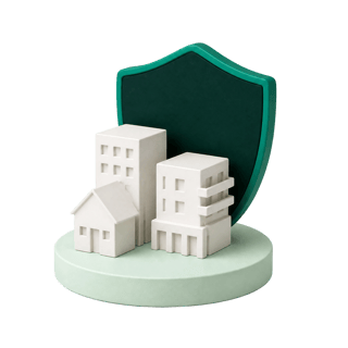 Ceramic illustration of white apartment and house models in front of a dark green shield.