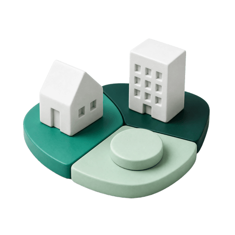 Ceramic illustration of a house, an office block and a round plinth on separate green tiles, a spread of holdings.