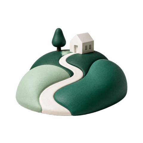 Ceramic illustration of a path winding over green hills to a white house on the rise.