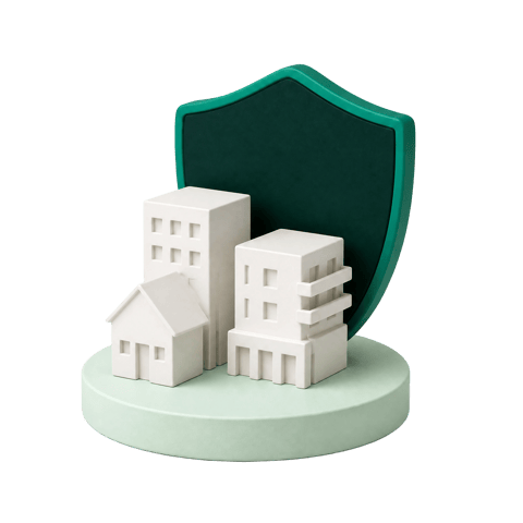 Ceramic illustration of white apartment and house models in front of a dark green shield.