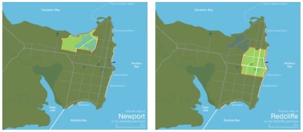 Chart showing newport and redcliffe are two adjacent suburbs on the redcliffe peninsula, 29km north from brisbane cbd