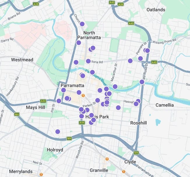 Map of planned infrastructure projects across Parramatta and western Sydney