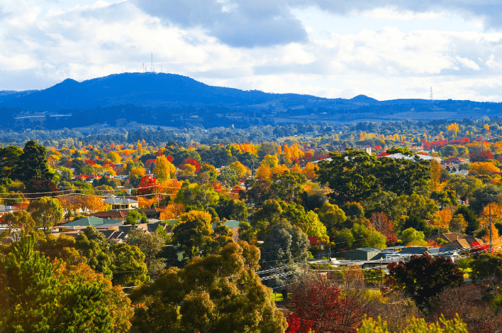 Elevated view of Orange, New South Wales, surrounded by inland ranges