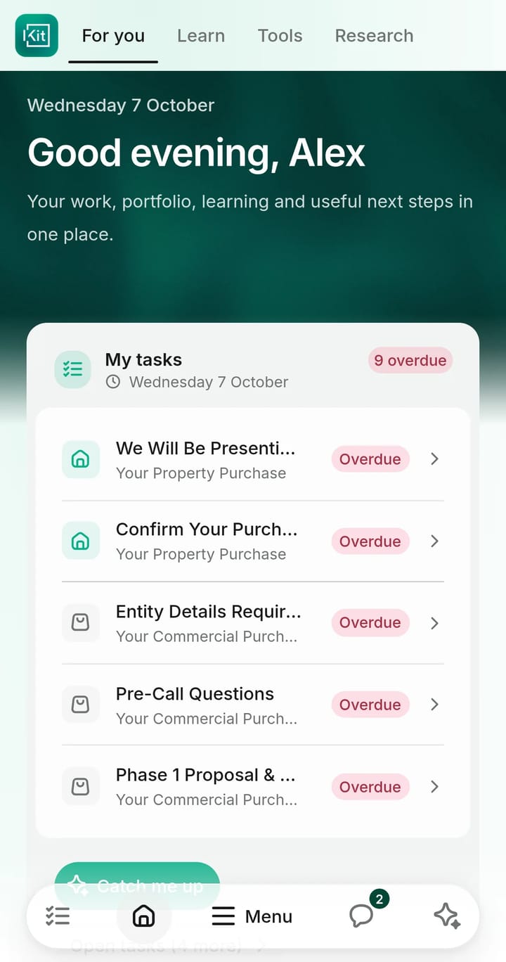 InvestorKit EDGE home screen on a phone, greeting a sample client above their tasks for Your Property Purchase