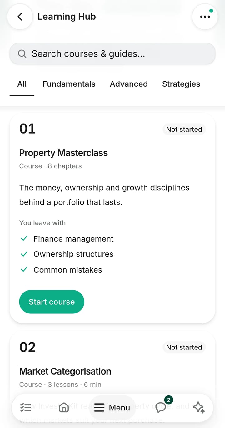 The InvestorKit EDGE Learning Hub on a phone, listing the Property Masterclass and Market Categorisation courses