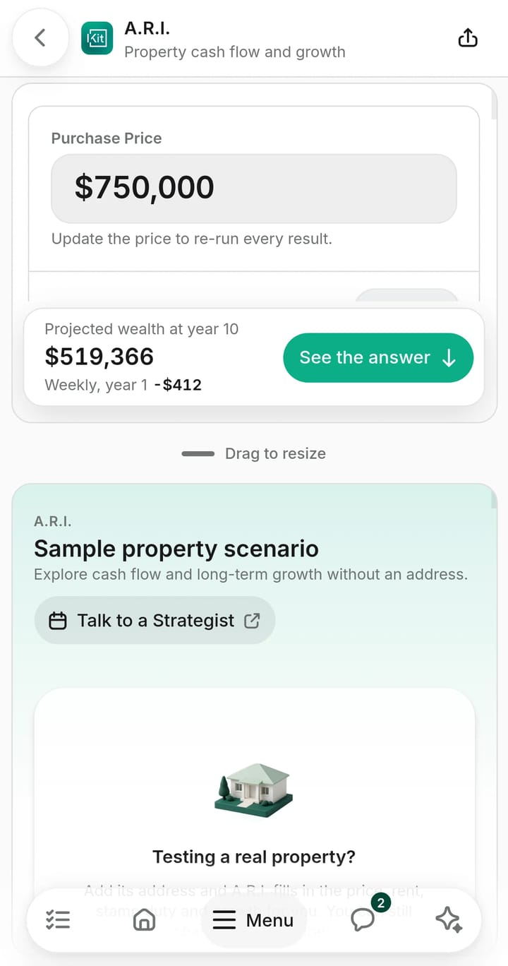 A.R.I. in InvestorKit EDGE on a phone, with a sample purchase price of $750,000 and projected wealth at year 10