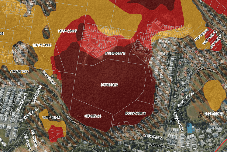 Bushfire hazard overlay around residential streets and land parcels in Bahrs Scrub