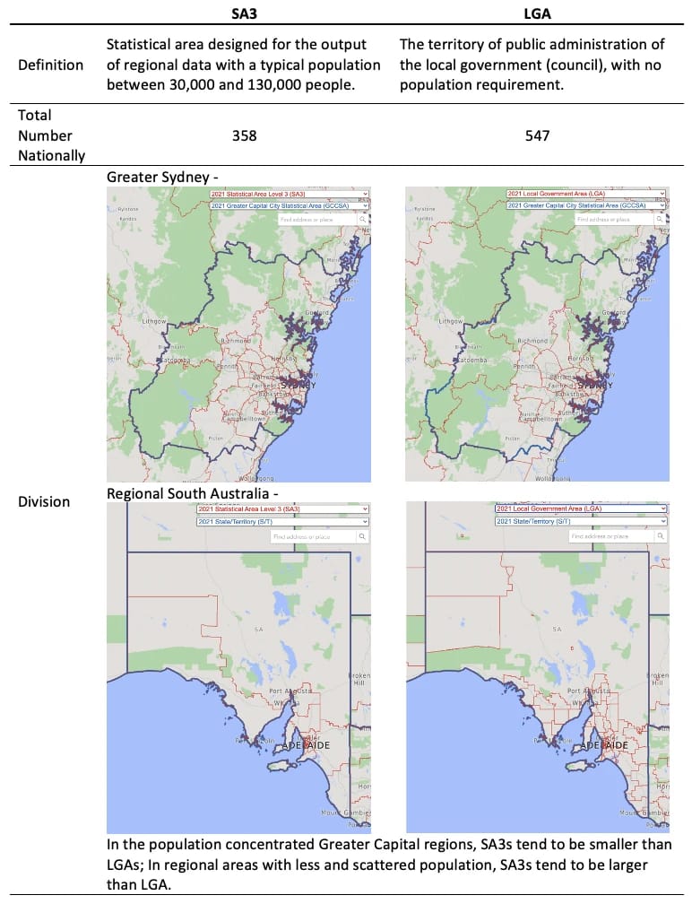 Maps comparing local government and SA3 boundaries around Greater Sydney