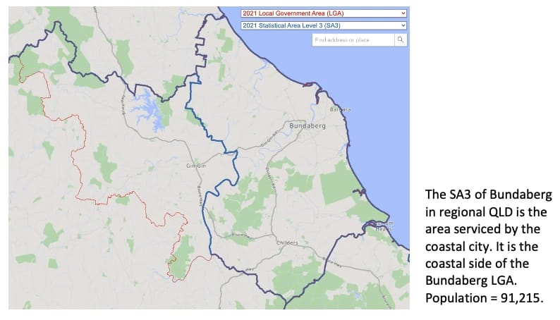 Map of the Bundaberg SA3 boundary within regional Queensland