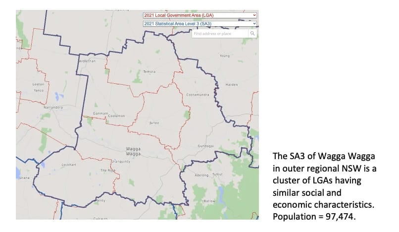 Map of the Wagga Wagga SA3 boundary within regional New South Wales