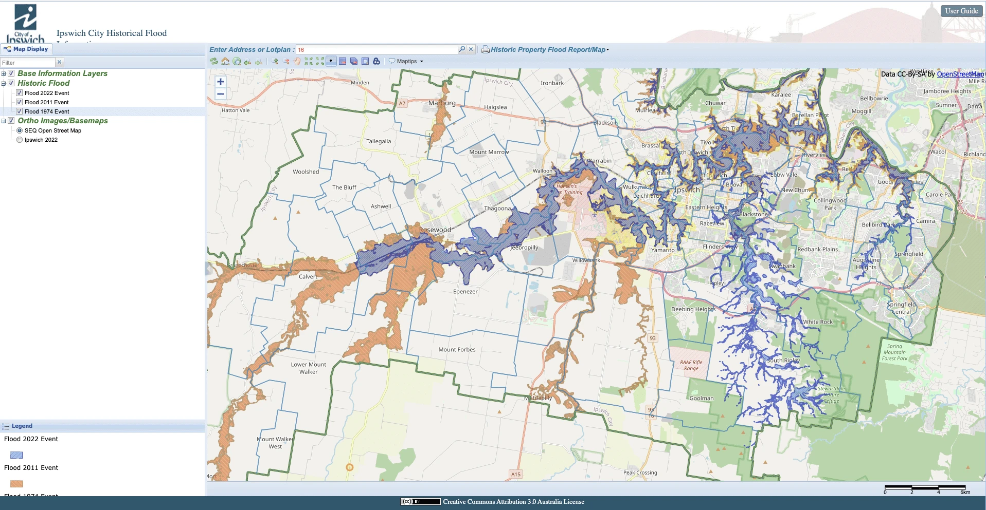 Flood risk map of properties and waterways in a Queensland planning portal