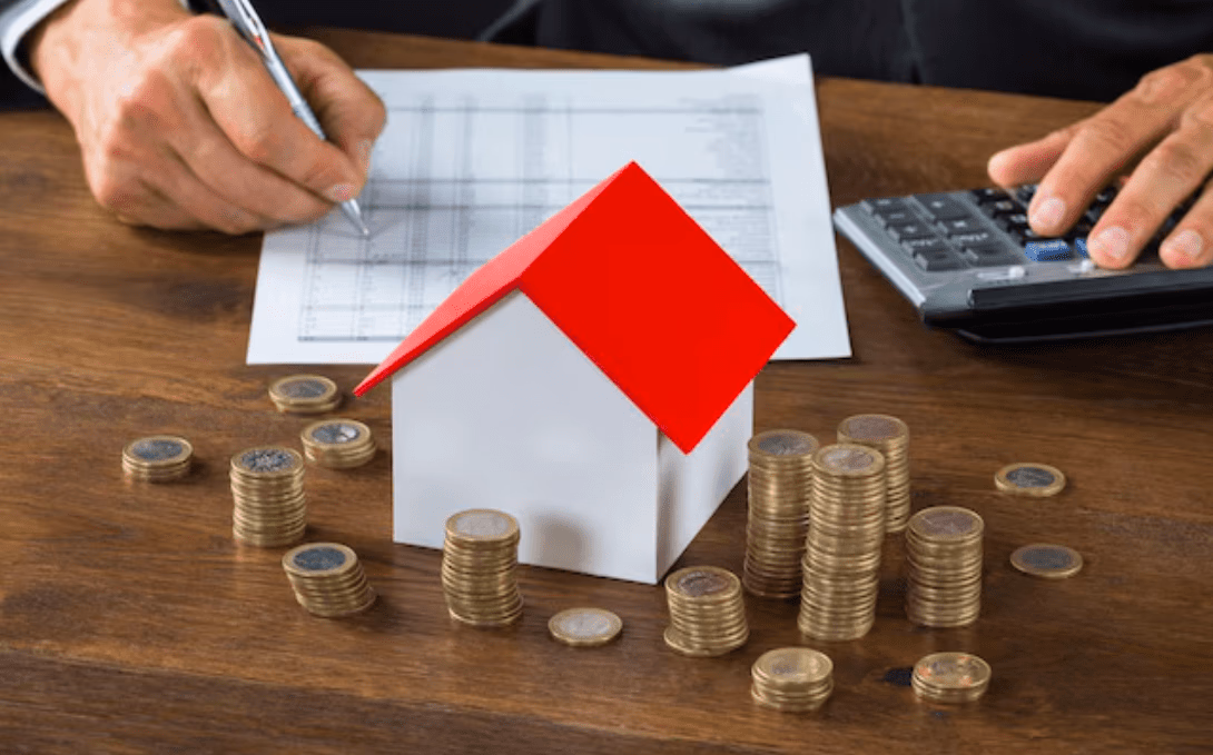 Miniature house with stacks of coins and calculator
