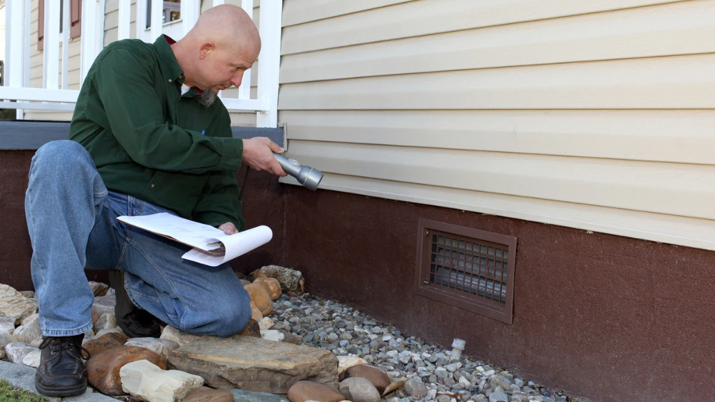Building inspector examining the exterior foundations of an investment property