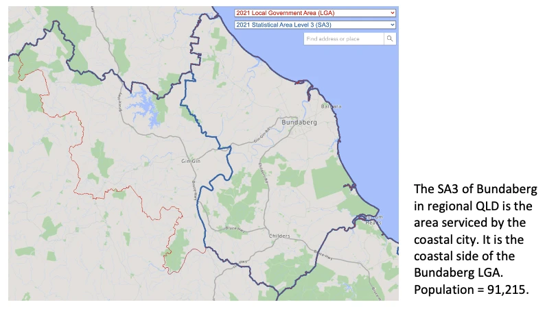 Map of the Bundaberg SA3 boundary within regional Queensland
