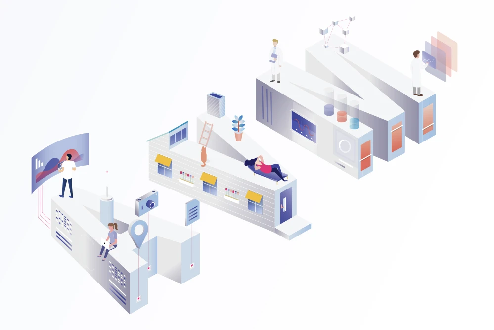 Digital property valuation illustration with connected data screens