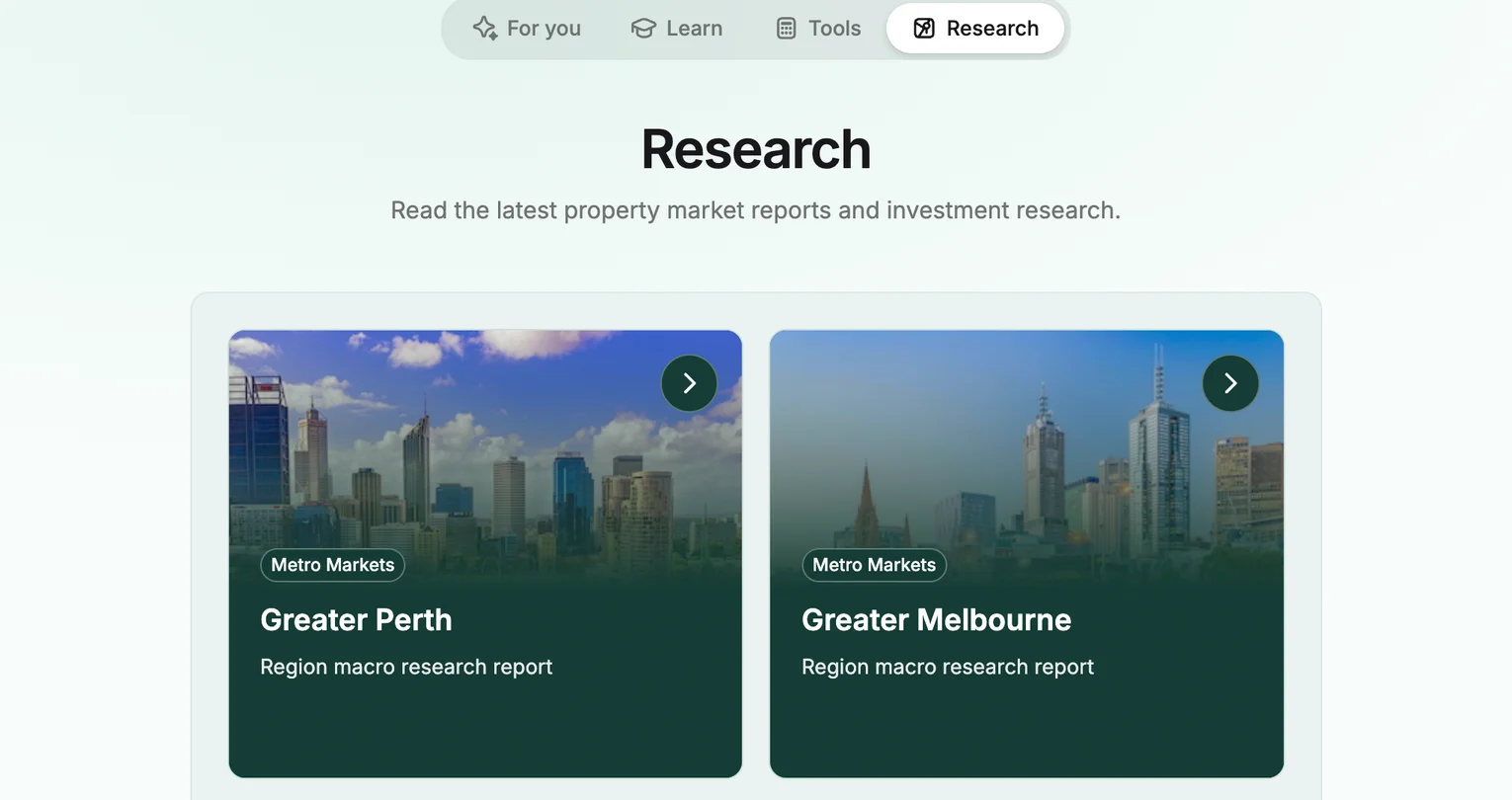 InvestorKit app research library with Greater Perth and Greater Melbourne market reports