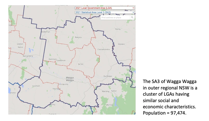 Map of the Wagga Wagga SA3 boundary within regional New South Wales