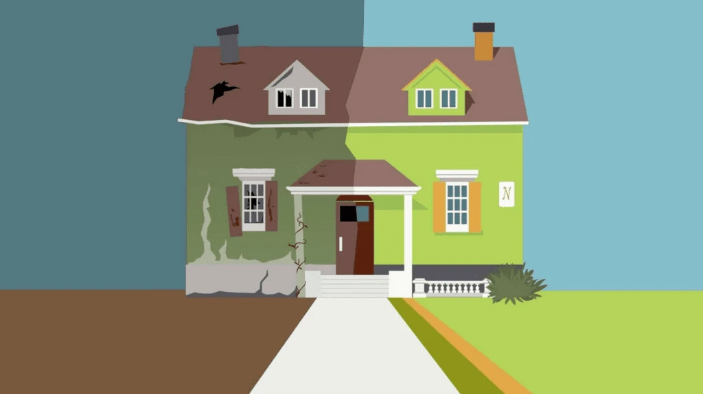Illustration comparing the condition and features of two neighbouring houses