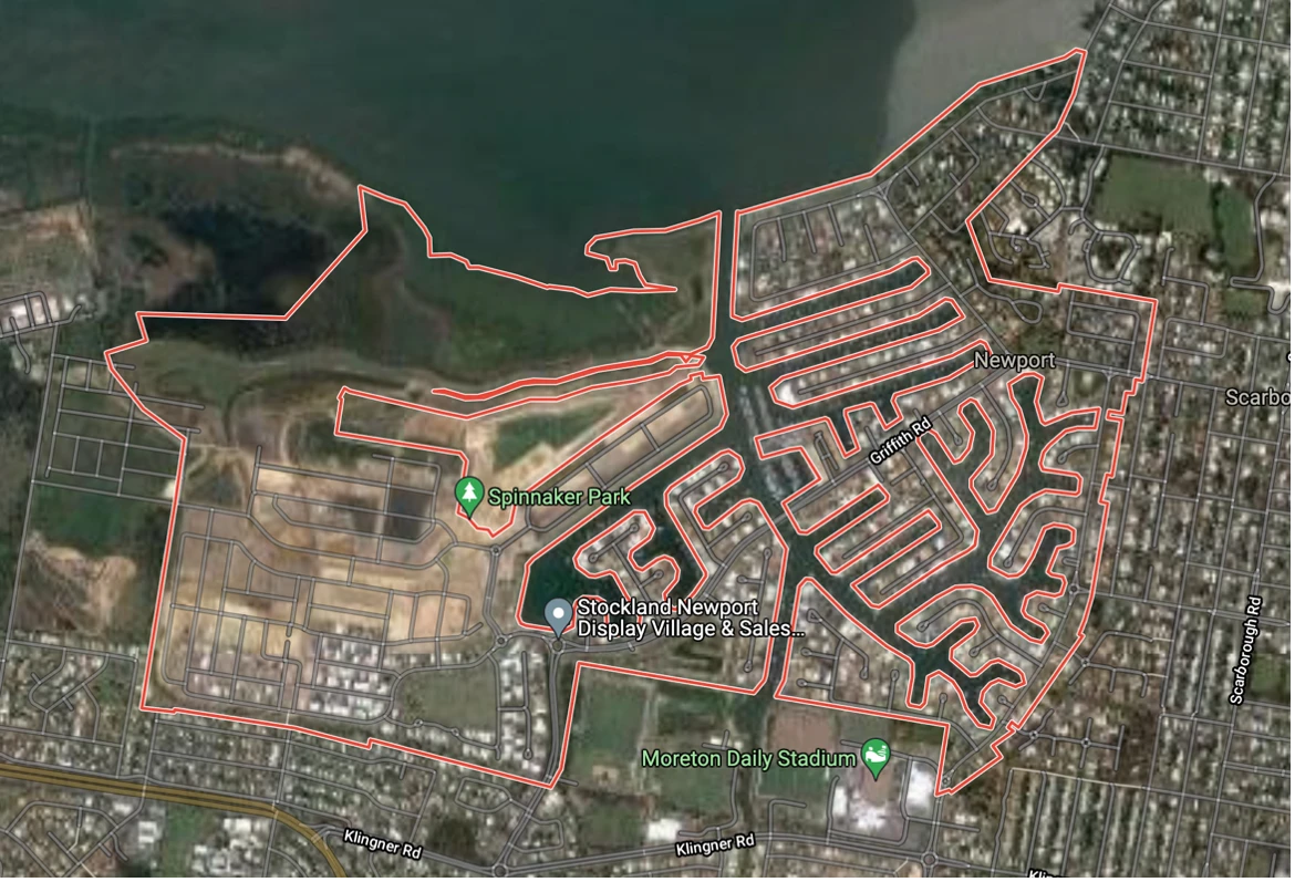 Satellite map showing a residential SA3 boundary and nearby services