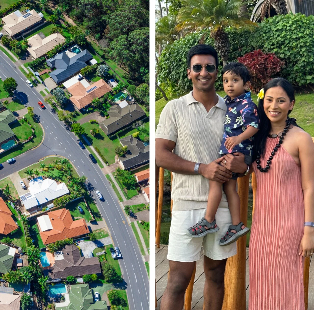 Sidd and Liz with their child beside an aerial neighbourhood photograph from news.com.au