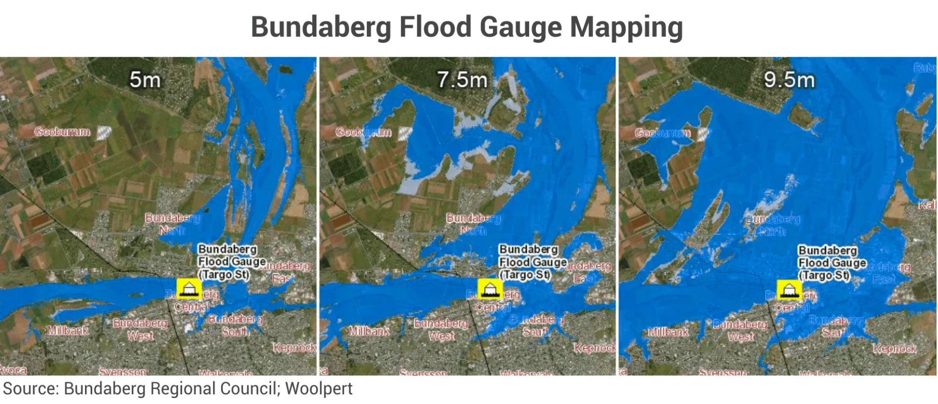 Bundaberg flood gauge maps showing inundation at five, seven and nine metres