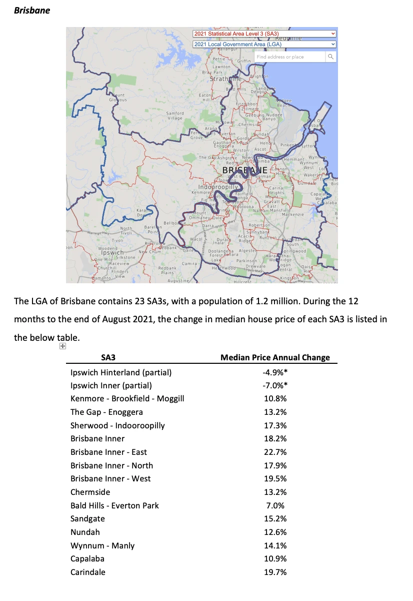 Map and table comparing Brisbane SA3 annual house price growth
