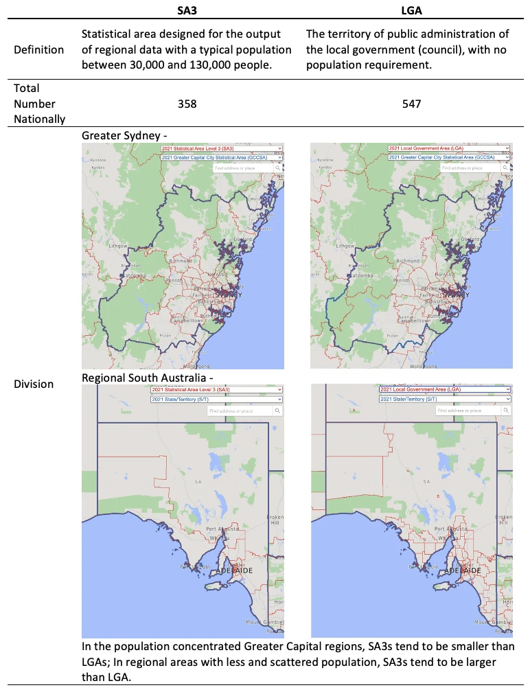 Maps comparing local government and SA3 boundaries around Greater Sydney