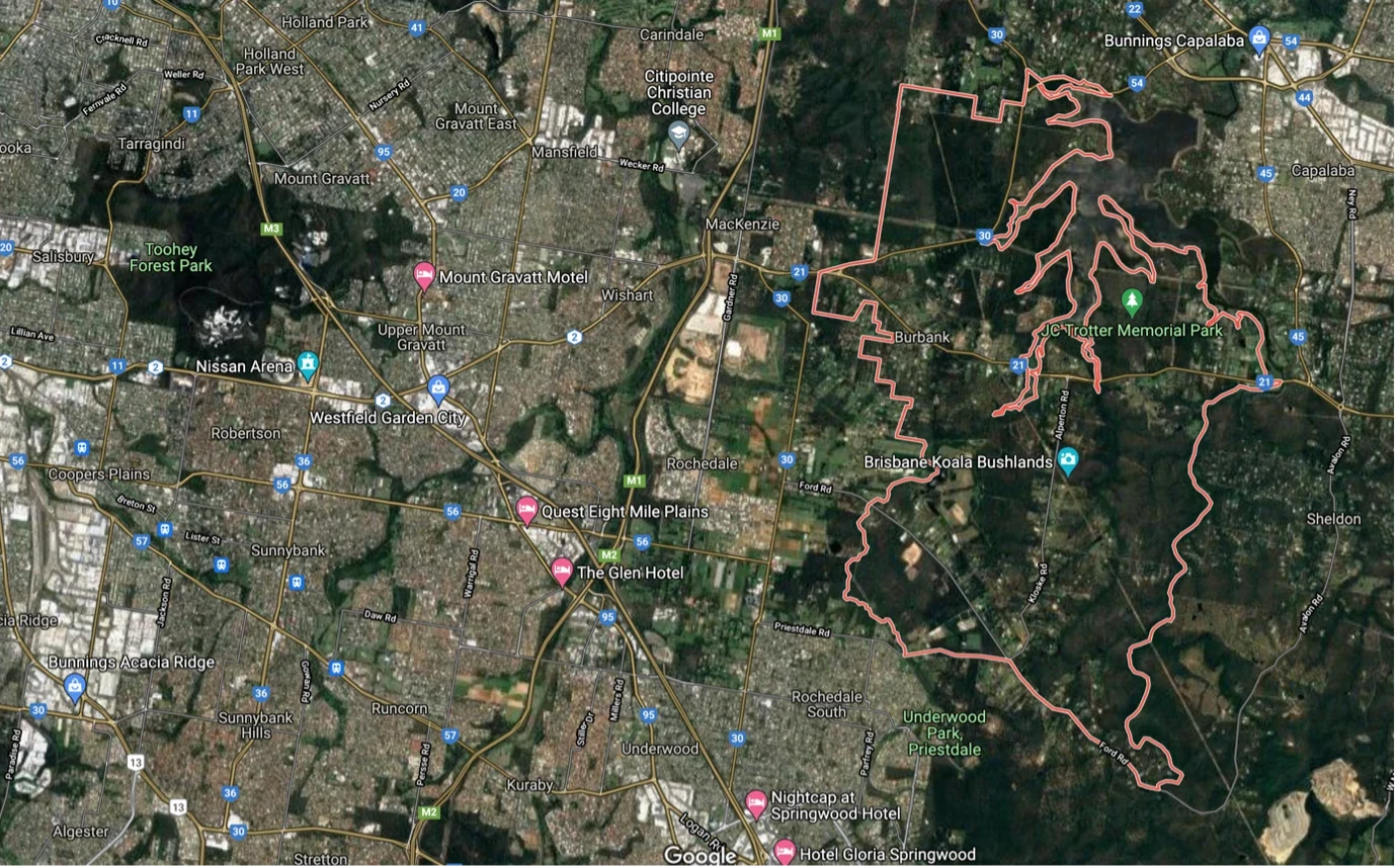 Satellite map showing an urban SA3 boundary and surrounding suburbs
