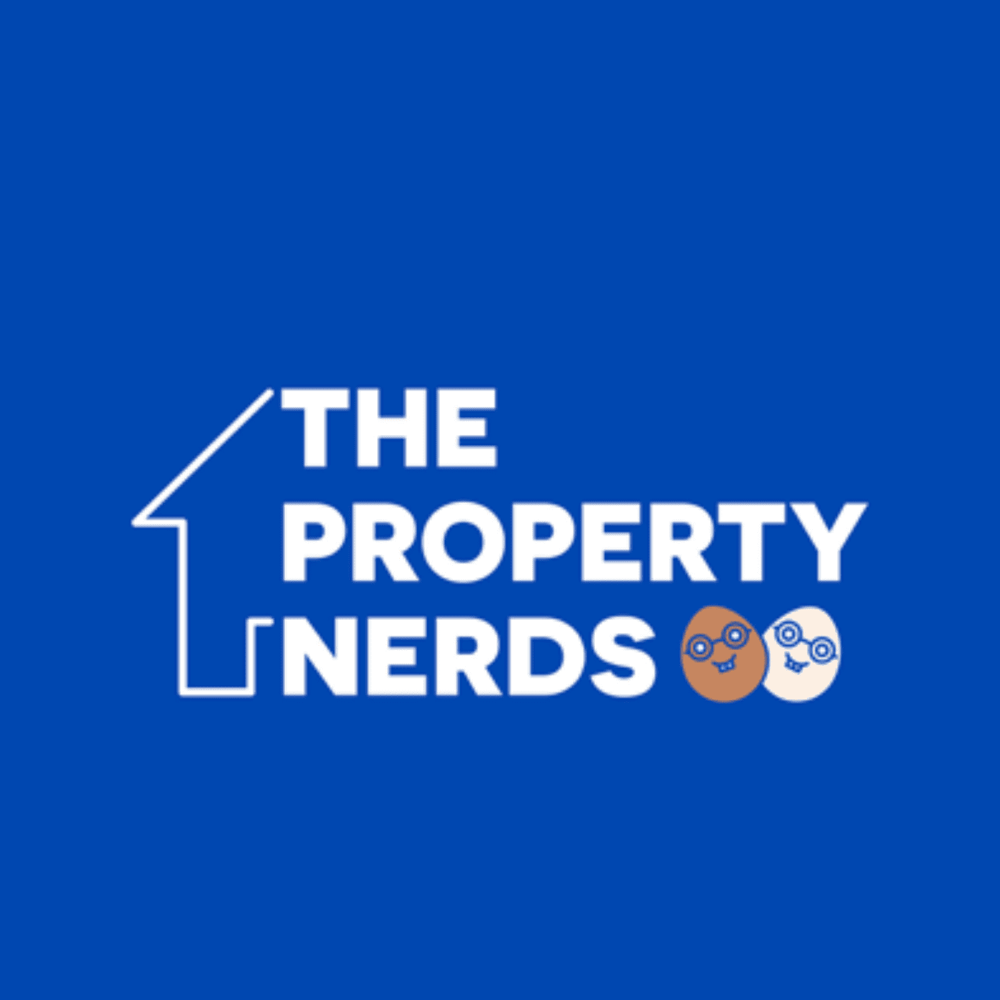 a blue background with white text and a house and two brown and white objects