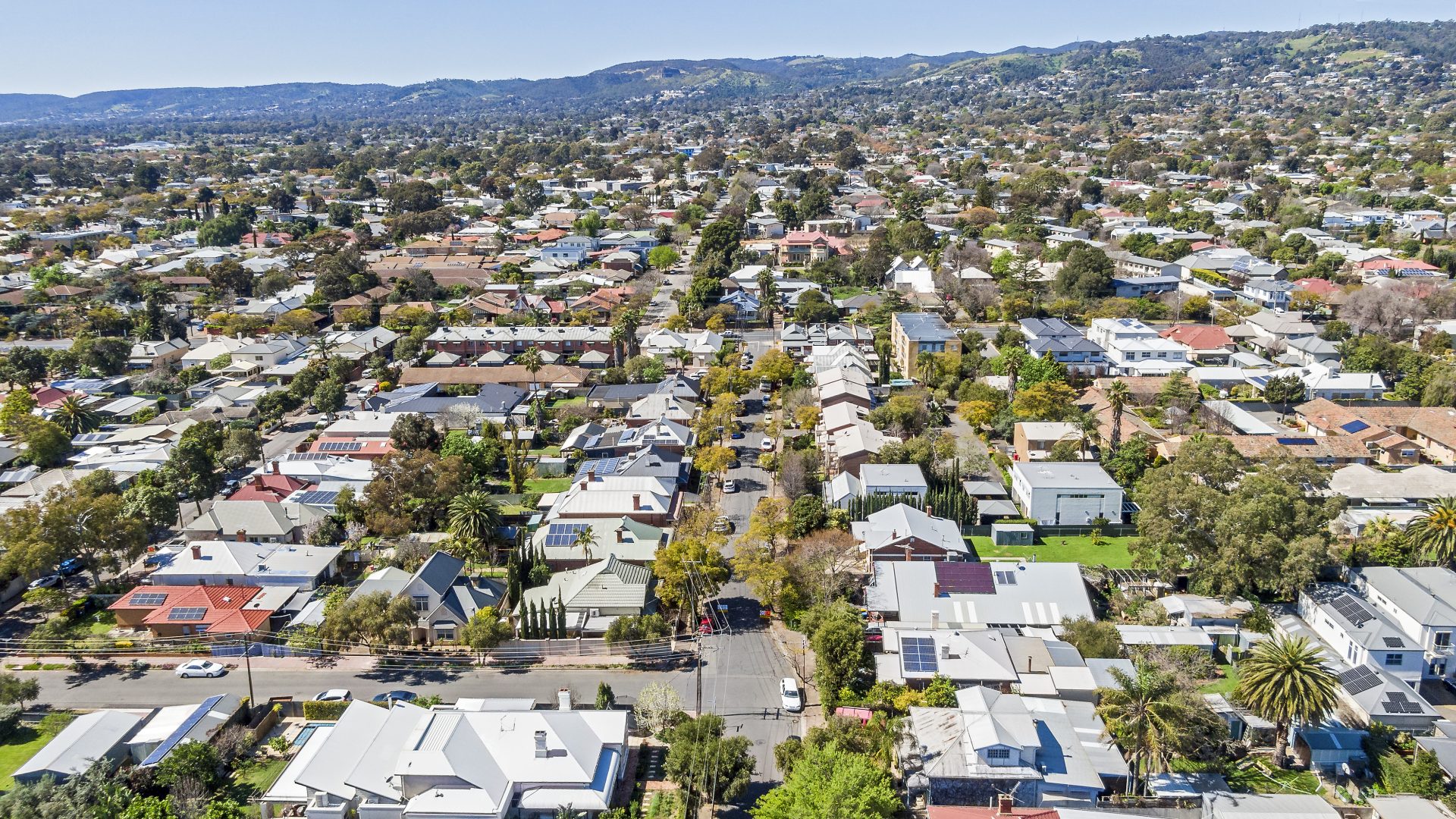 Aerial view leafy eastern suburbs of Adelaide with large variety of housing and architecture, foothills Image of iStock 1469043544 scaled